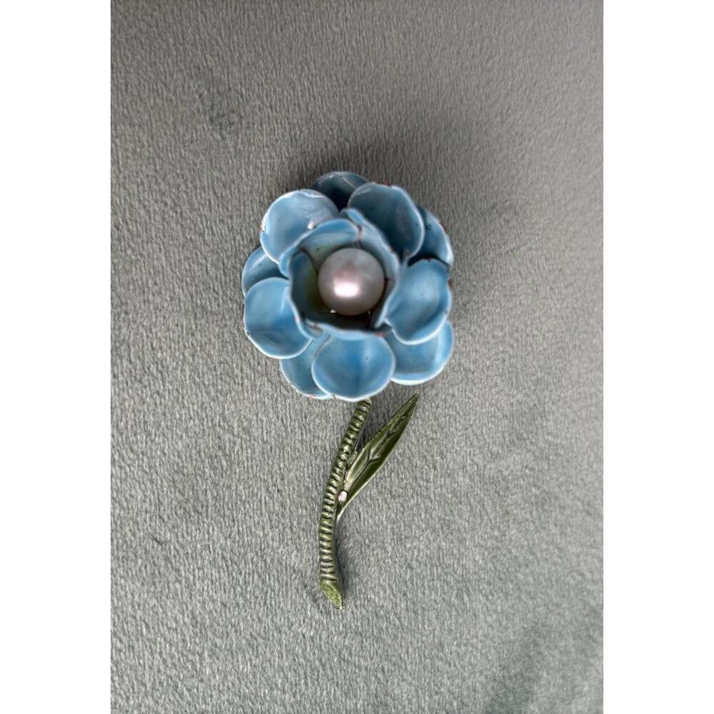 Vtg Long Stem Rose Flower Brooch Green Blue Bloomcore P040 - Picture 1 of 3